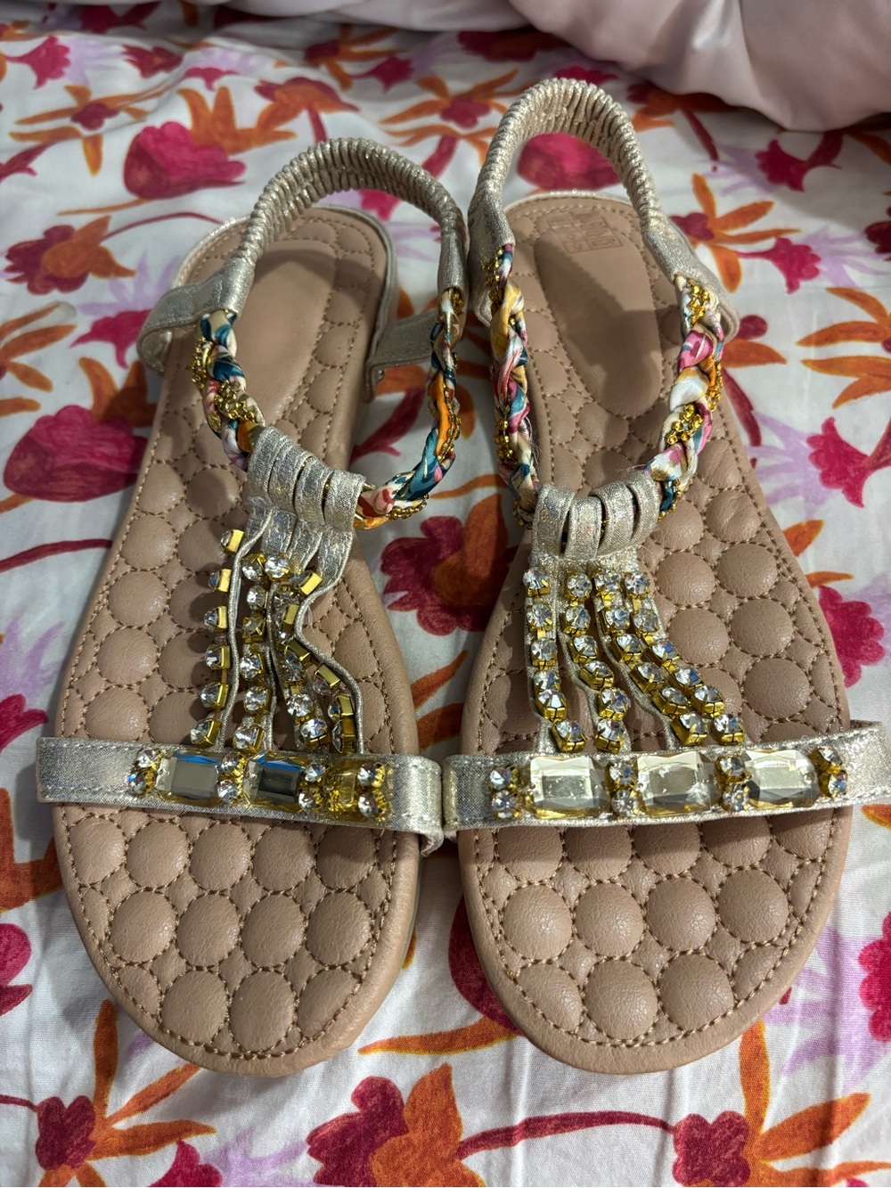Women’s Bejeweled Gold Braided T-Strap Sandals ✨ NWOT